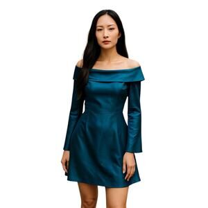 Lulus Blue Green Satin Off The Shoulder Long Sleeve Mini Dress Size Small NWOT